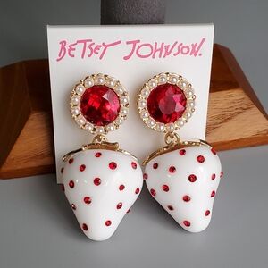 Betsey Johnson Earrings Red Strawberry Sparkle Red White Pierced Earrings
